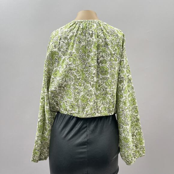 J. Crew Long Sleeve Linen Cropped Top Tossed Floral Green Women's Size Large - Picture 5 of 13